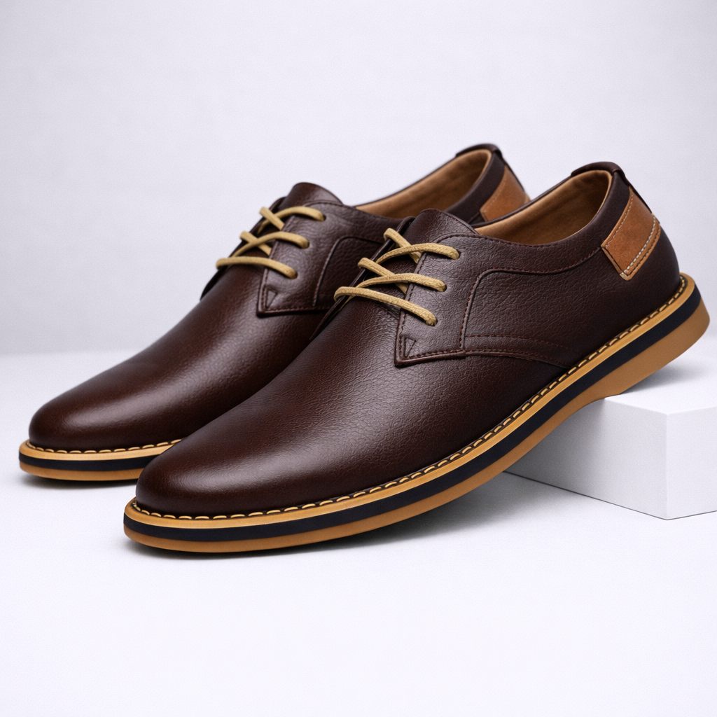 Brown leather lace-up dress shoes for men with tan accent stitching and rubber sole on white background