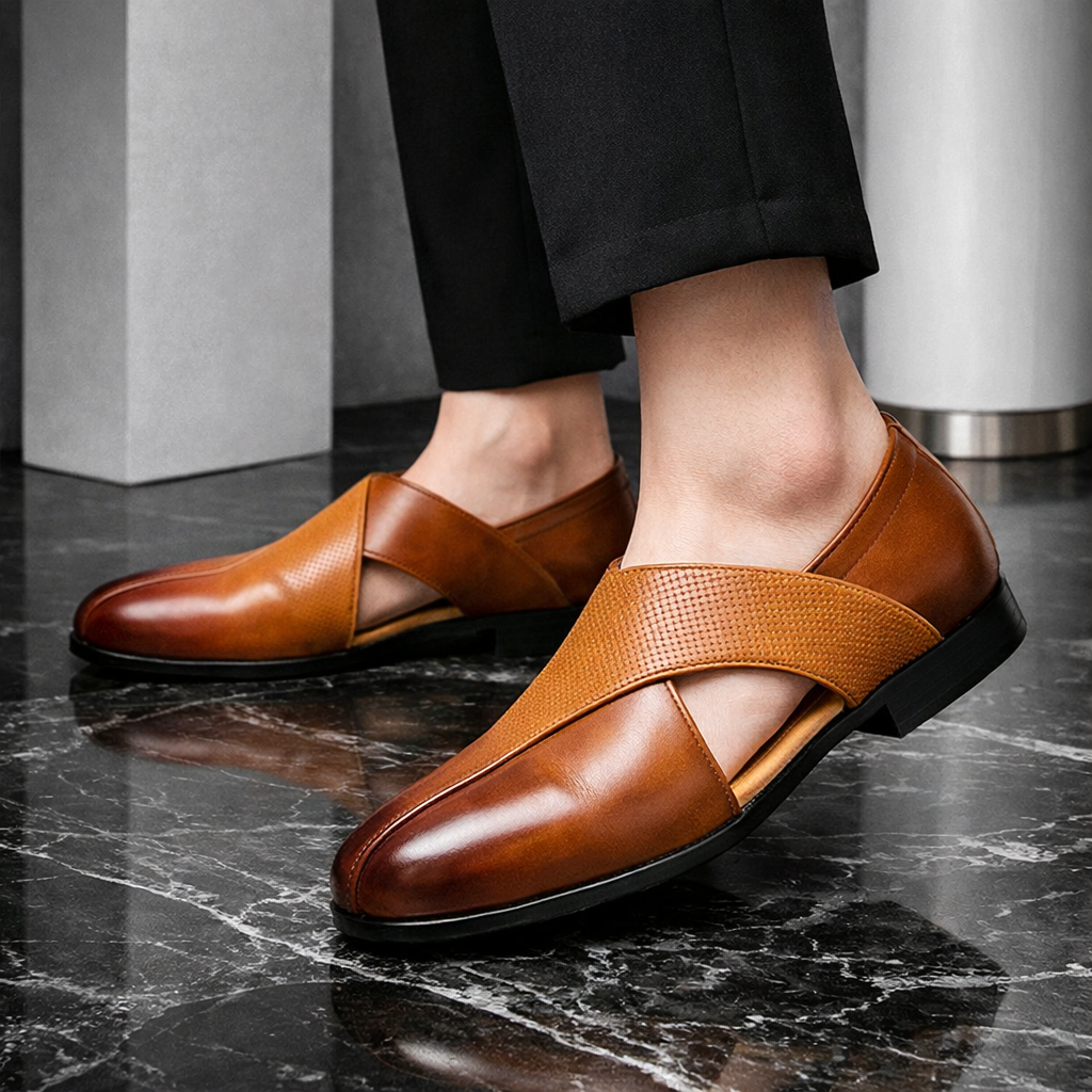 Men's brown leather slip-on loafers with cross strap design and textured detail on black marble floor