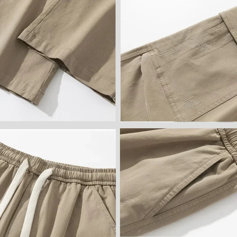 Khaki wide-leg cargo pants detail shots showing elastic drawstring waist, large pockets, and hemline construction.