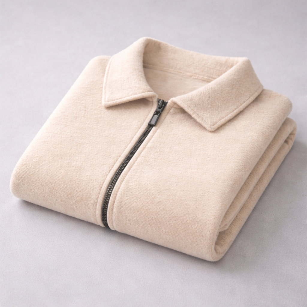 Cream beige cashmere zip-up sweater jacket for men with collar folded on gray background