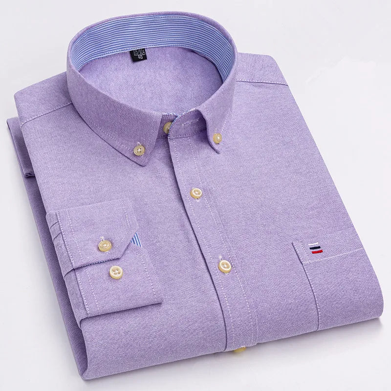 Light purple men's cotton button-down Oxford shirt with chest pocket, striped collar lining, and small logo detail, neatly folded.
