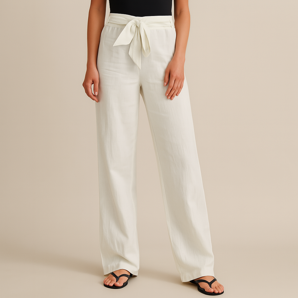 Women's white linen wide-leg pants with tie waist, paired with black flip flops and black top, neutral background.