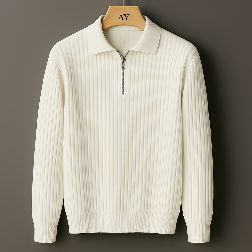 Cream ribbed cotton men's quarter-zip sweater with polo collar, long sleeves, displayed on wooden hanger against gray wall.
