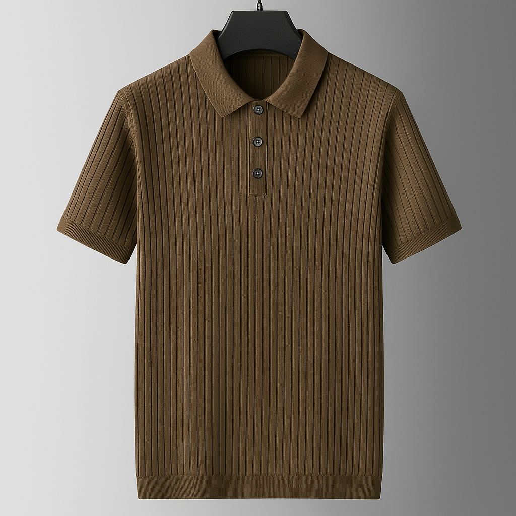 Men's olive brown ribbed knit short sleeve polo shirt with button placket, displayed on black hanger