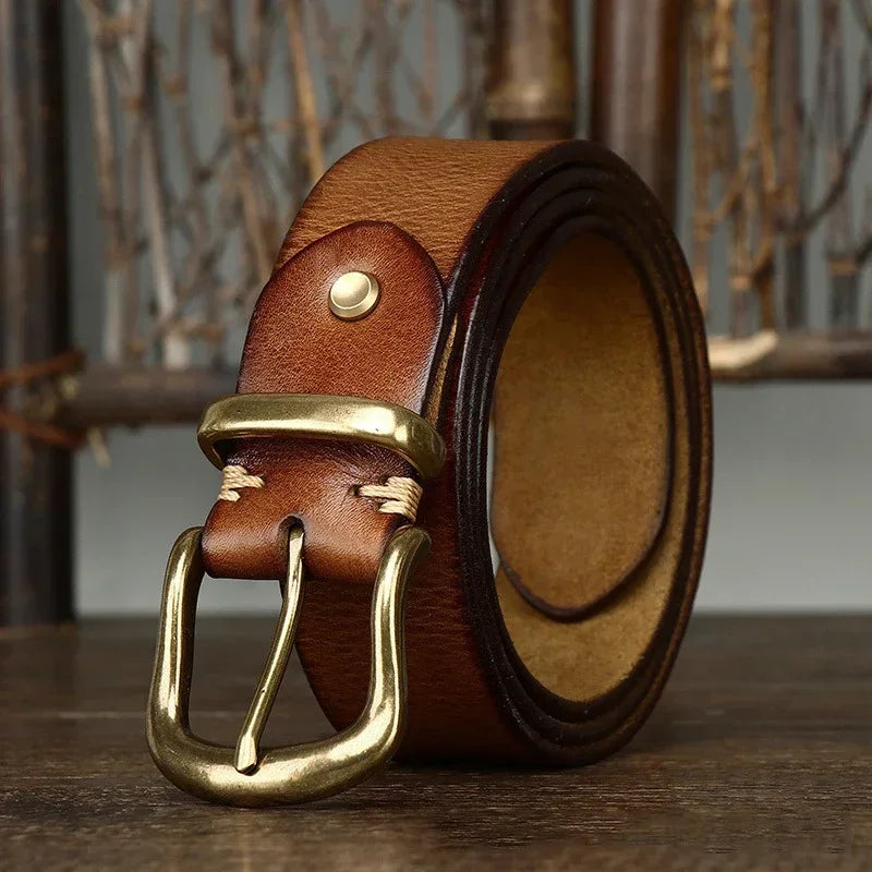 Brown genuine leather belt with brass buckle for men, handcrafted vintage style accessory with metal hardware