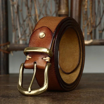 Brown genuine leather belt with brass buckle for men, handcrafted vintage style accessory with metal hardware
