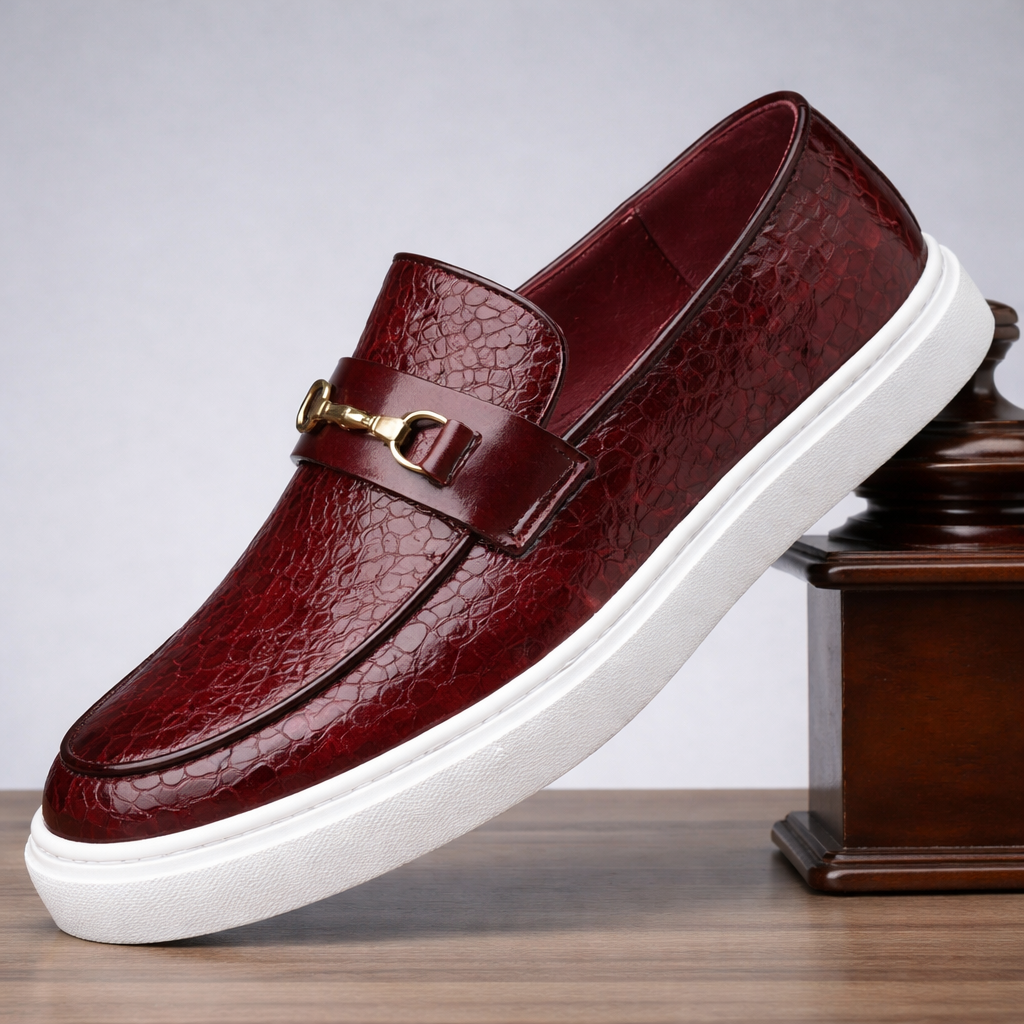 Burgundy croc-embossed leather men's slip-on loafer with gold horsebit buckle and white flatform sole