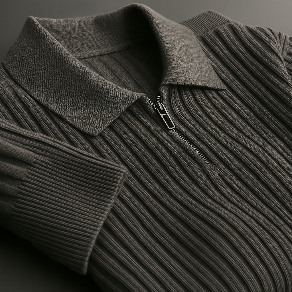 Dark olive ribbed knit men's quarter-zip sweater with polo collar and silver zipper pull, folded flat view