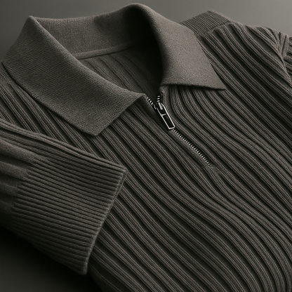 Dark olive ribbed knit men's quarter-zip sweater with polo collar and silver zipper pull, folded flat view