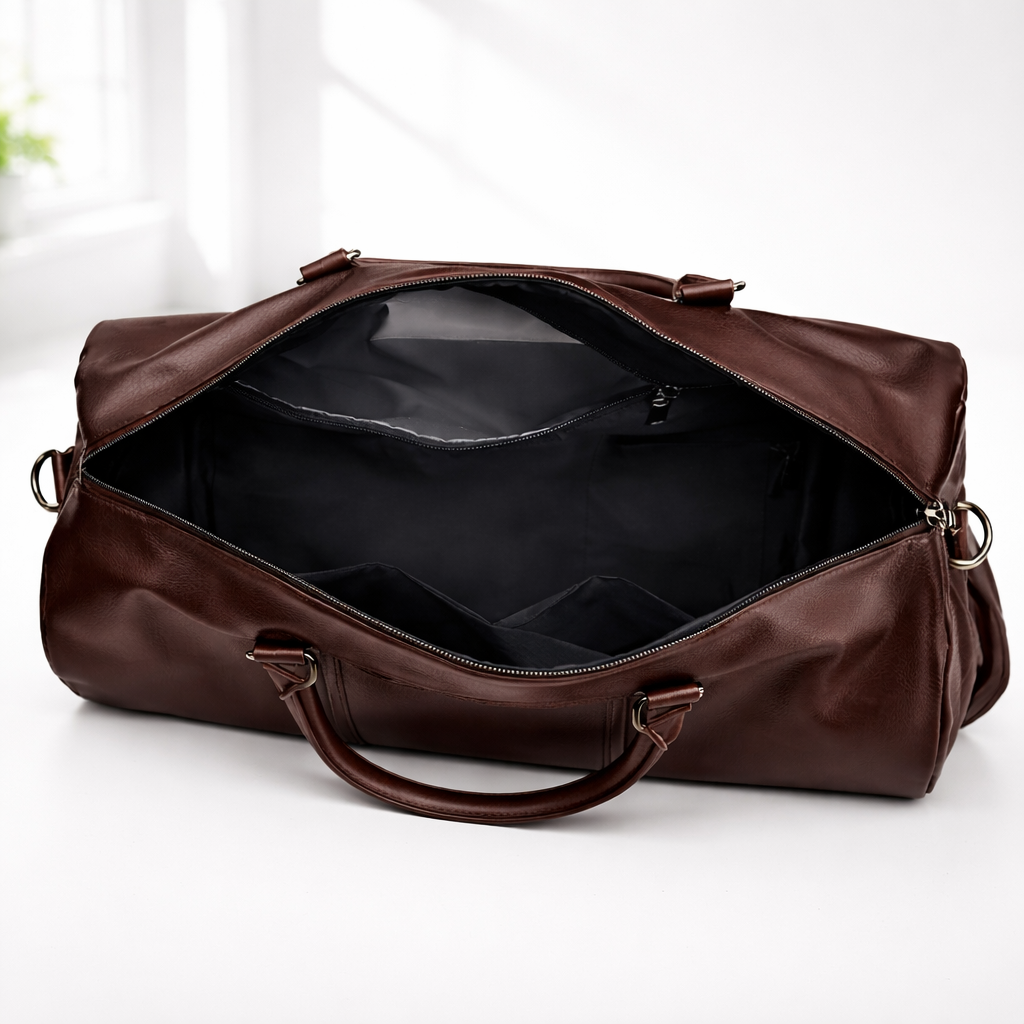 Open brown full-grain leather men's duffle bag showing spacious black interior with zippered pocket and dividers