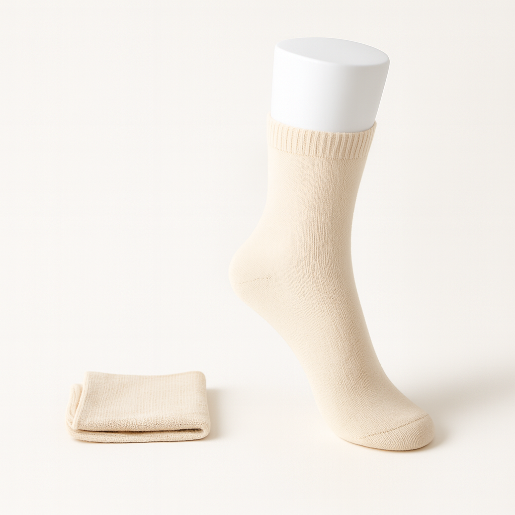 Cream beige cashmere women's socks on white display form with folded pair beside it