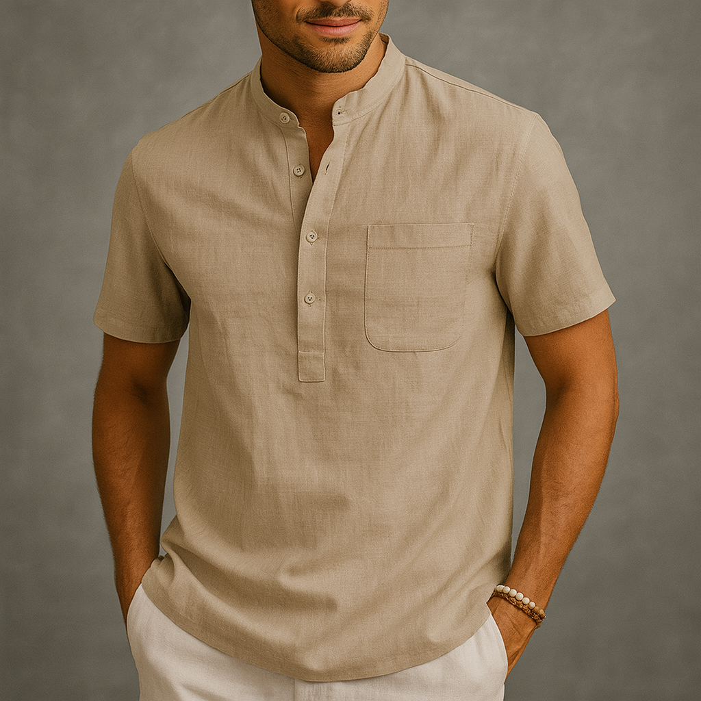 Men's beige linen band collar henley shirt with short sleeves and chest pocket on neutral background