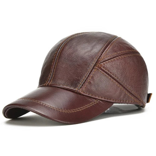 Brown leather baseball cap with adjustable strap and stitched panel design for men