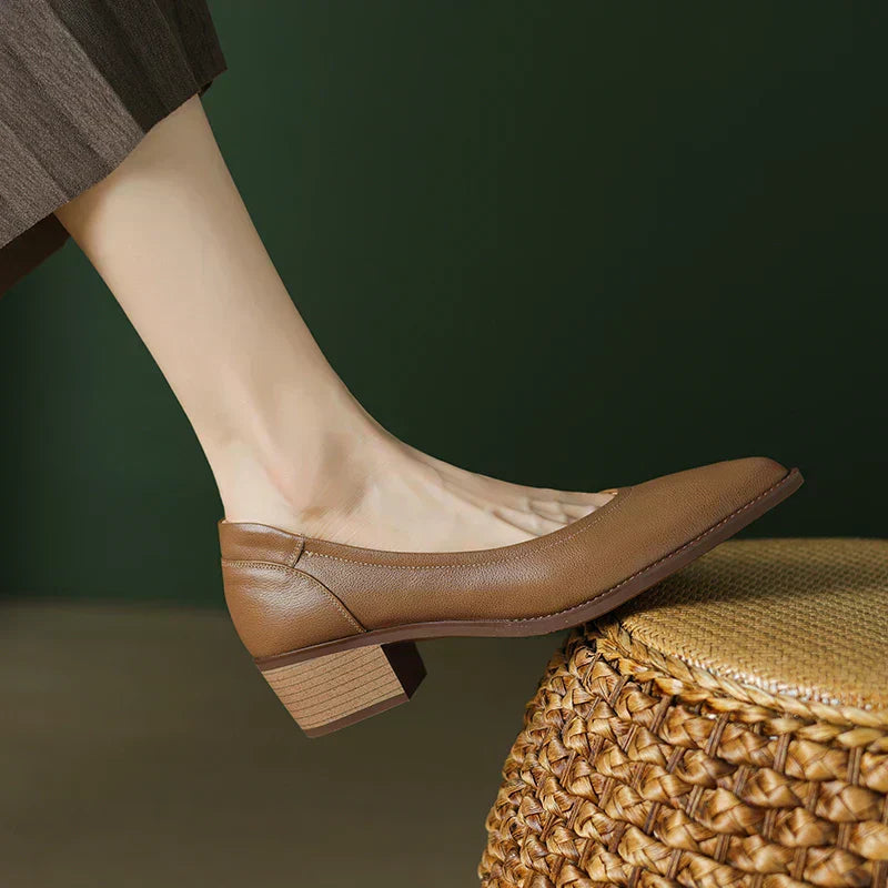 Women's brown leather pointed-toe pumps with block mid-heel, resting on wicker surface against green background.