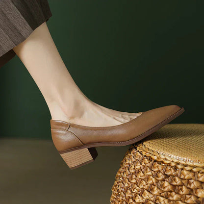 Women's brown leather pointed-toe pumps with block mid-heel, resting on wicker surface against green background.