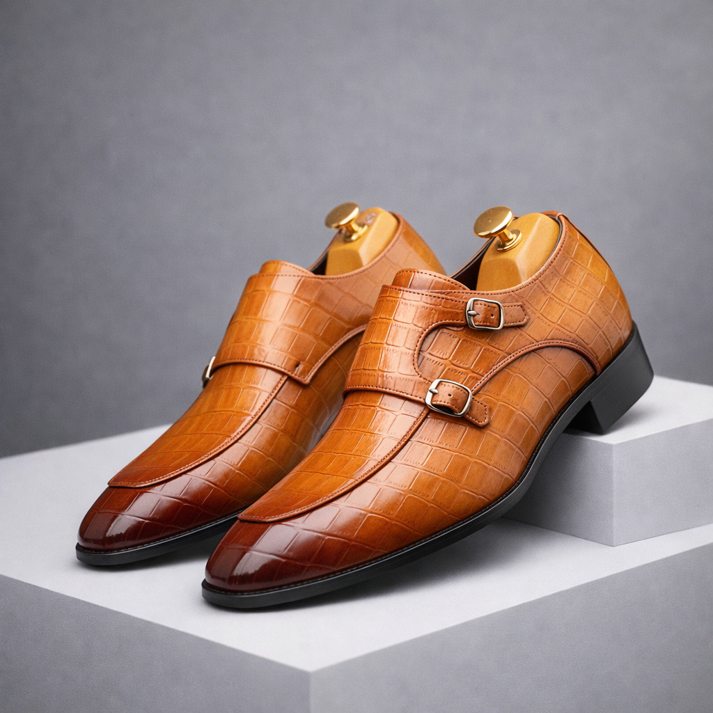 Mens tan brown crocodile embossed leather double monk strap dress shoes with shoe trees on white display platform