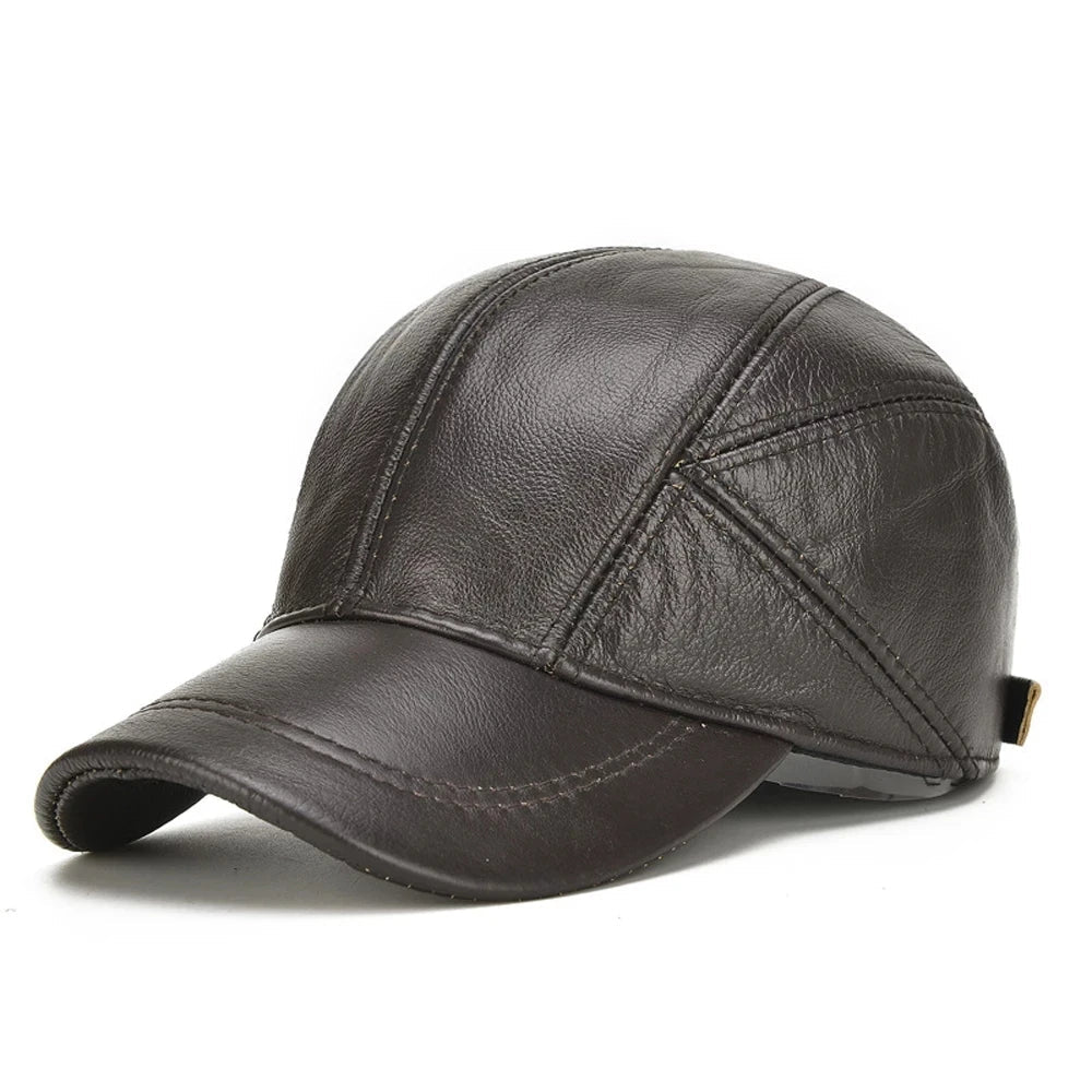 Dark brown genuine leather baseball cap with panel stitching and adjustable back closure for men