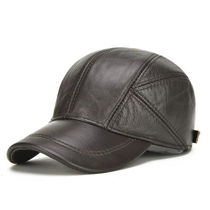Dark brown genuine leather baseball cap with panel stitching and adjustable back closure for men