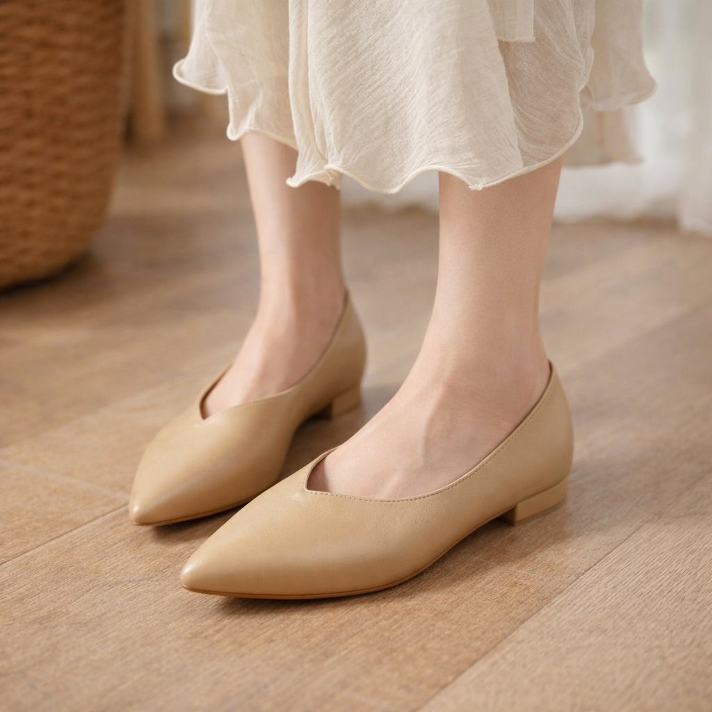 Women's beige Italian leather pointed-toe block heel orthopedic pumps worn with a flowy white dress on wood floor.