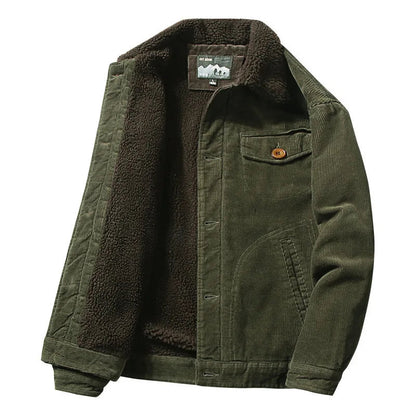 Army green men's corduroy jacket with brown sherpa fleece lining, chest pocket, and wooden button detail, open front view