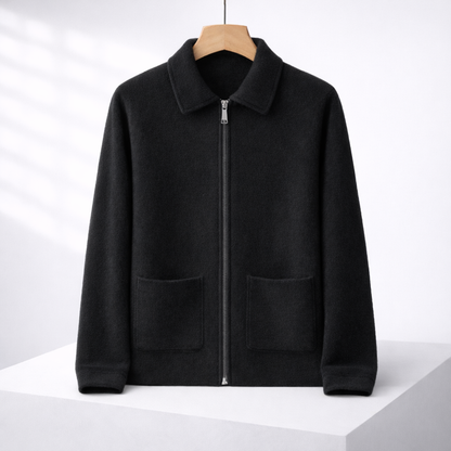 Black men's cashmere zip-up sweater jacket with spread collar, two front patch pockets, and ribbed cuffs and hem.