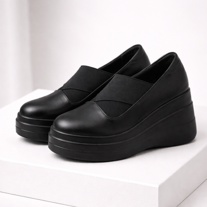 Black women's genuine leather orthopedic platform slip-on shoes with elastic band and chunky wedge sole