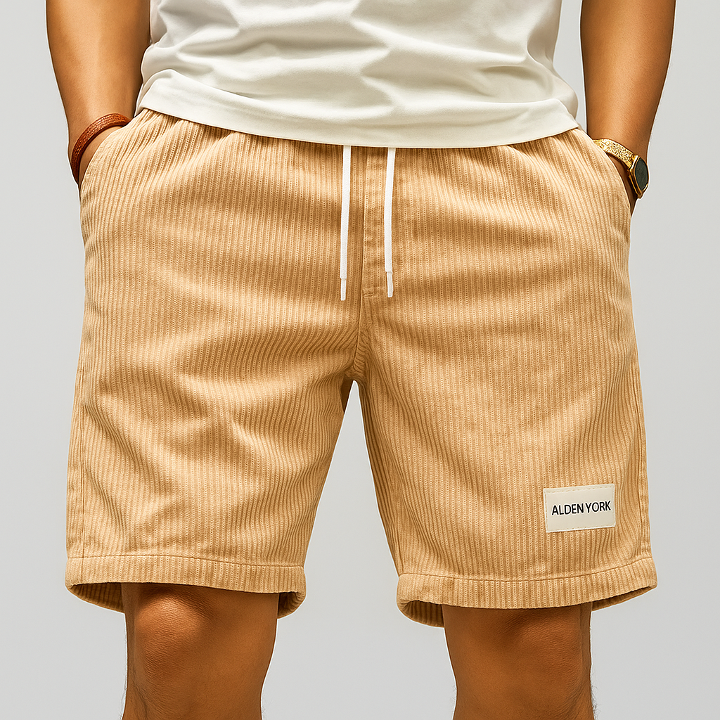 Men's tan corduroy drawstring shorts with white tie waist, side pockets, and Alden York label on left leg.