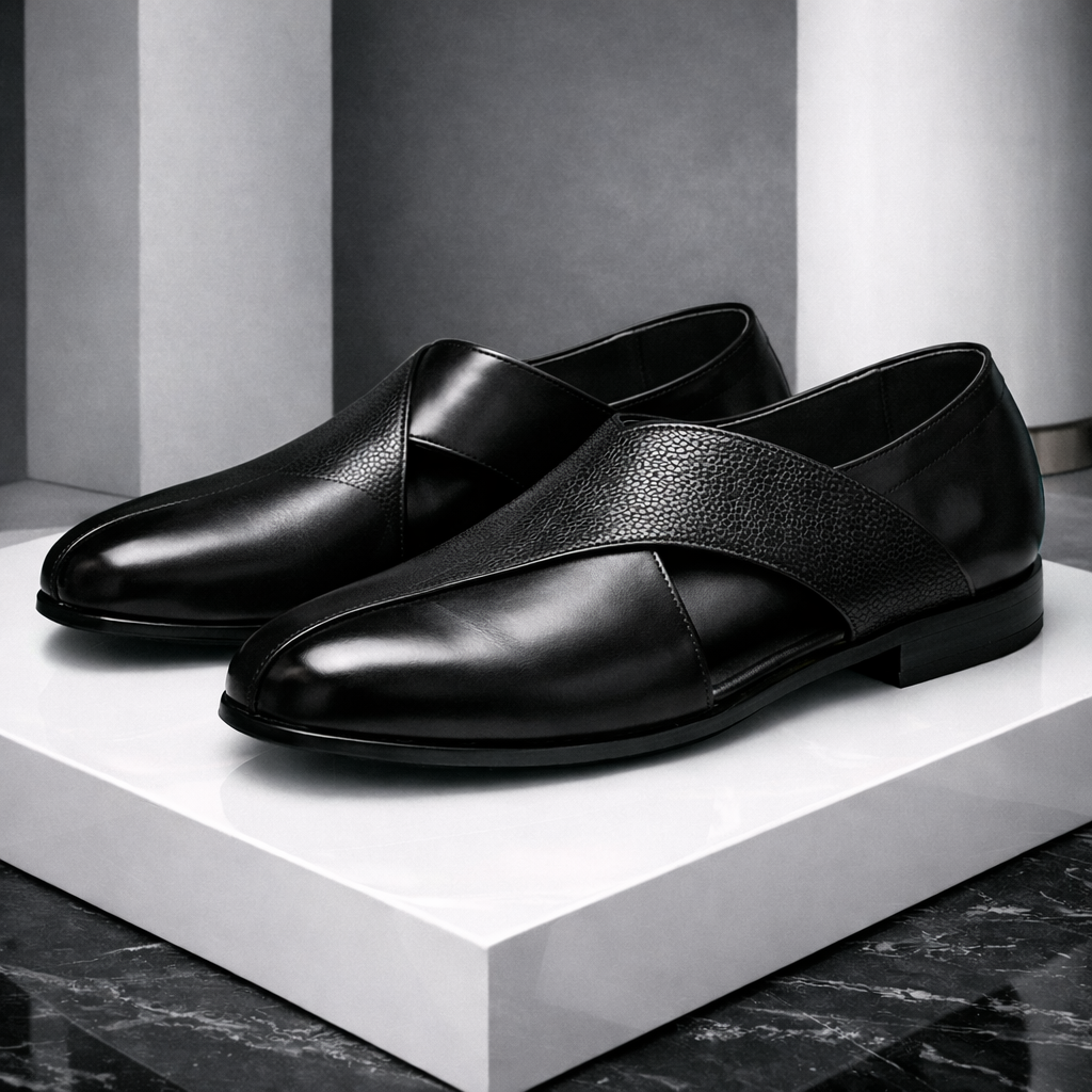 Black men's leather slip-on loafers with cross strap detail displayed on white platform against gray background
