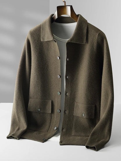 Men's olive brown merino wool button-up cardigan jacket with spread collar, front pockets, and ribbed cuffs on hanger