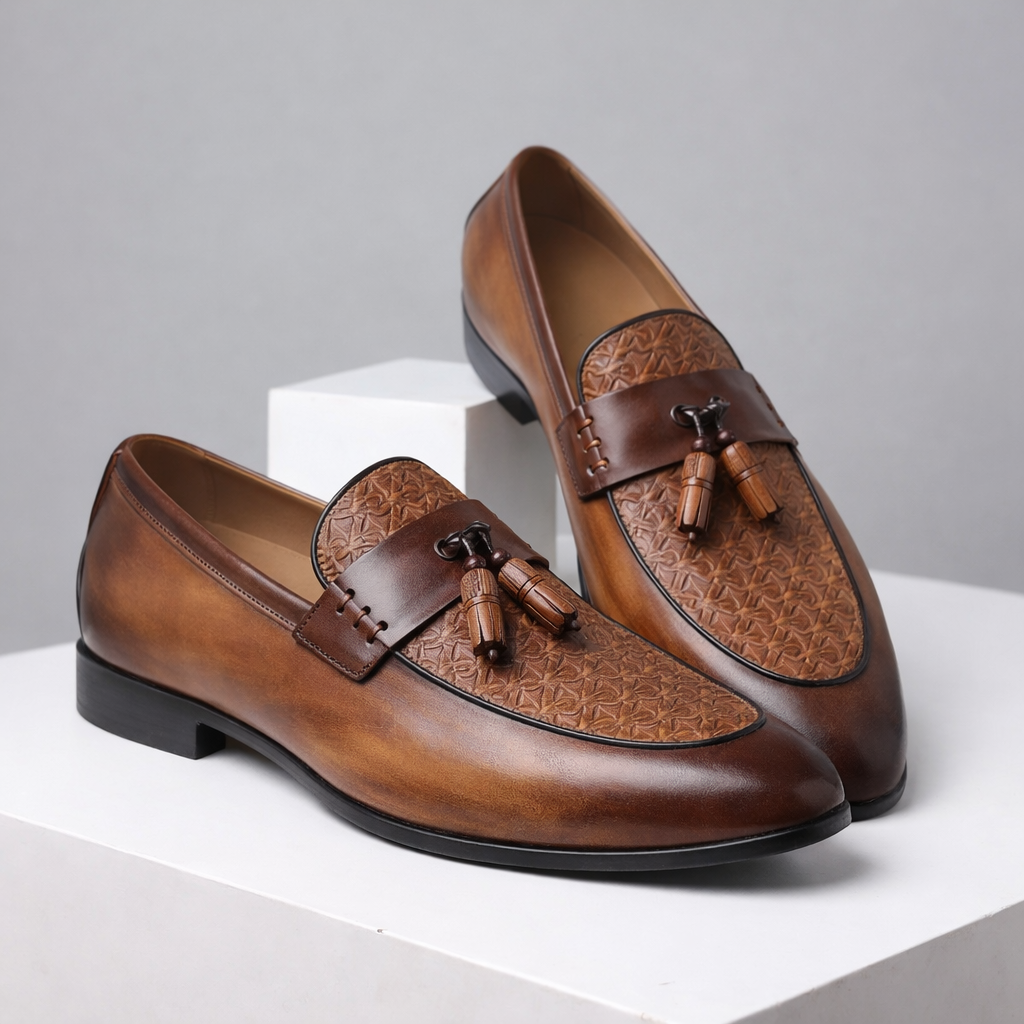 Brown leather tassel loafers with embossed pattern detail for men formal dress shoes