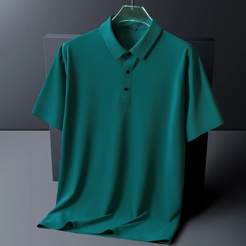 Teal green men's short sleeve polo shirt with collar and two buttons, displayed on hanger against dark background.