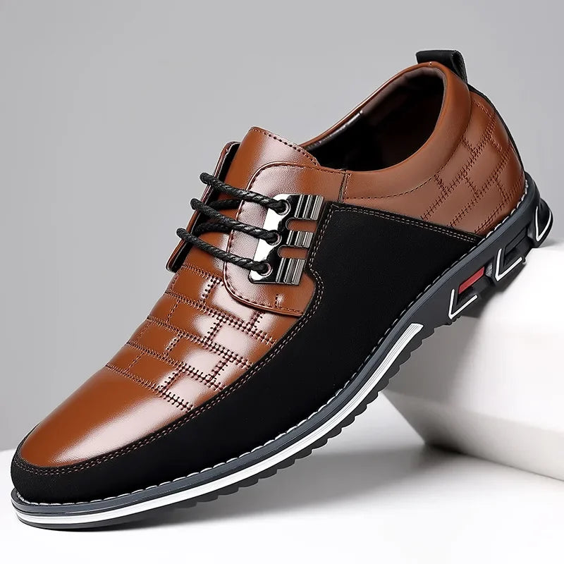 Men's brown and black leather lace-up derby dress shoes with quilted pattern and contrast sole