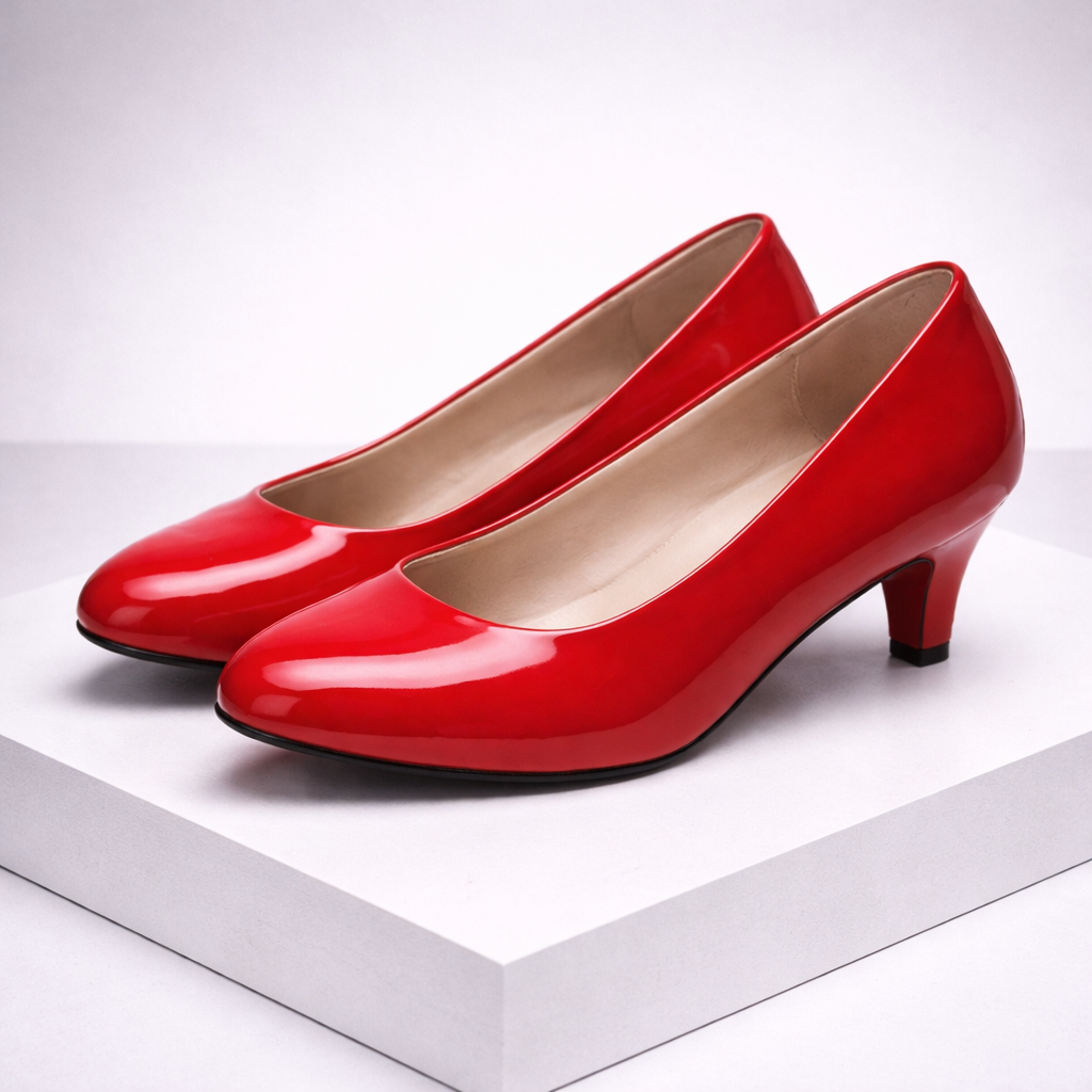 Red patent leather kitten heel pumps for women with round toe and beige interior lining on white display