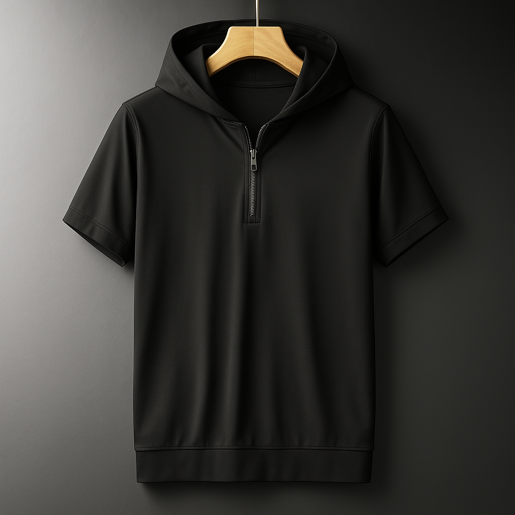 Black men's relaxed fit short-sleeve hooded shirt with half-zip neckline, displayed on wooden hanger against dark background