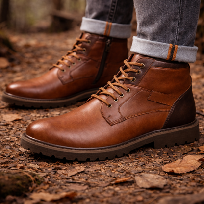 Men's tan leather lace-up ankle boots with chunky sole, worn with rolled grey jeans on autumn forest ground.
