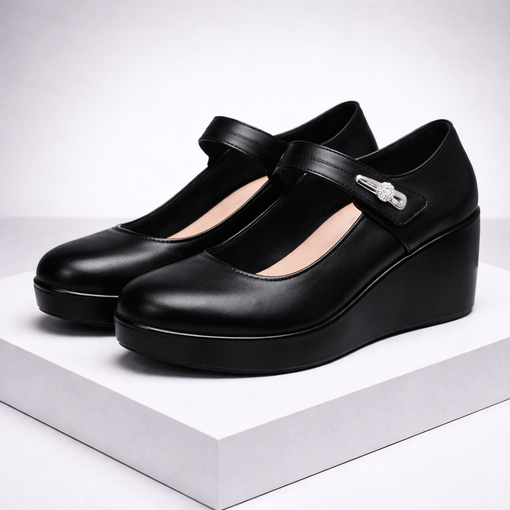 Black leather platform Mary Jane wedge shoes with ankle strap and silver buckle detail, cushioned insole