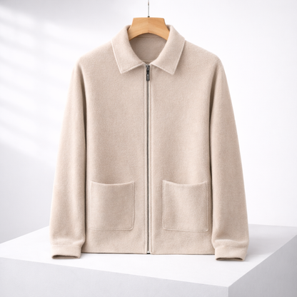 Beige cashmere zip-up sweater jacket for men with collar and front pockets on white background