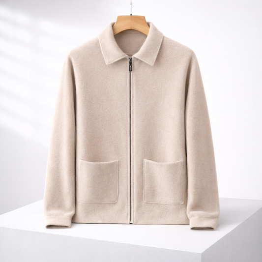 Beige cashmere zip-up sweater jacket for men with collar and front pockets on white background