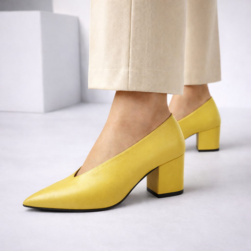 Yellow women's Italian leather block heel pumps with pointed toe and V-cut vamp, styled with cream wide-leg trousers.