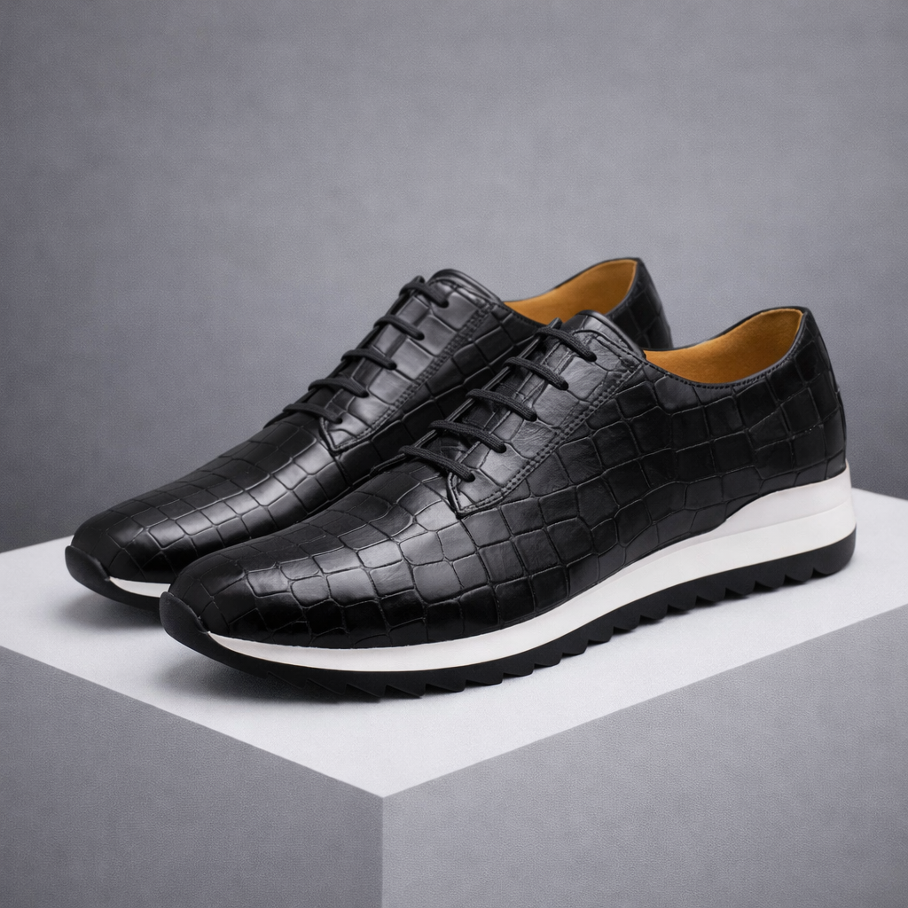 Black croc-embossed leather men's lace-up sneakers with white midsole displayed on white platform against gray background