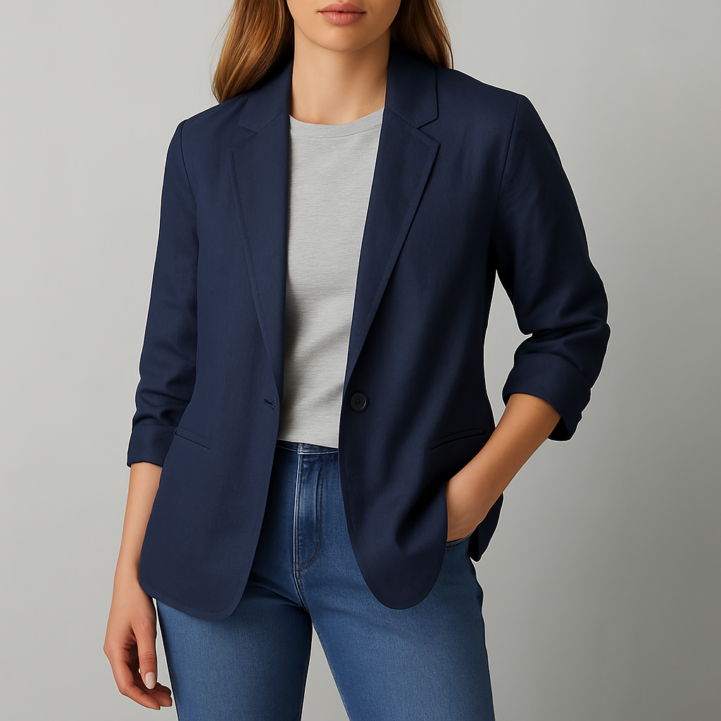 Women's navy blue linen blazer jacket with notch lapels, ruched sleeves, and pockets, styled over a gray tee with jeans.