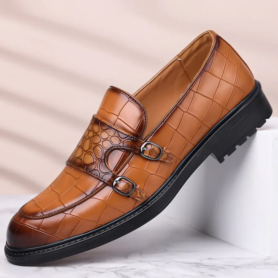 Brown croc-embossed leather double monk strap loafers for men with black sole and metal buckles