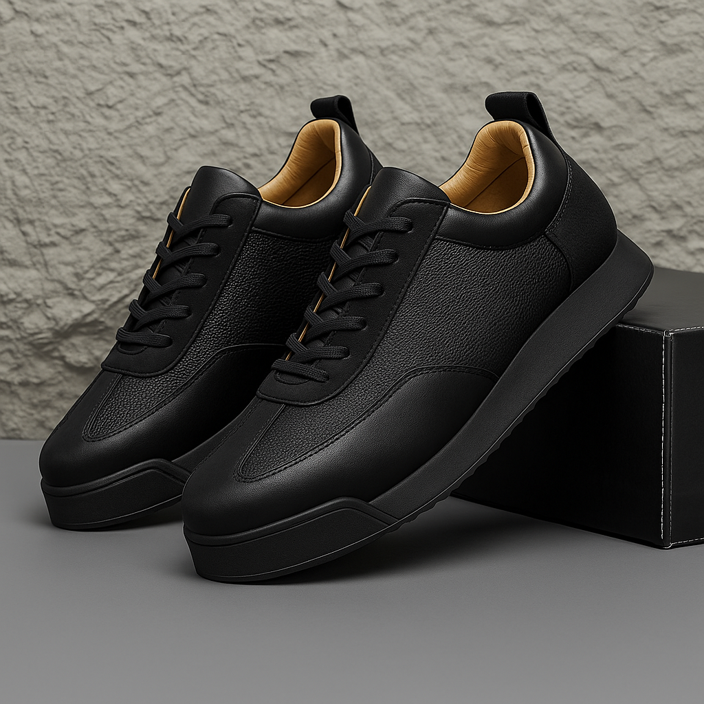 Black leather lace-up orthopedic sneakers for men with tan interior lining and thick cushioned sole, displayed on black box