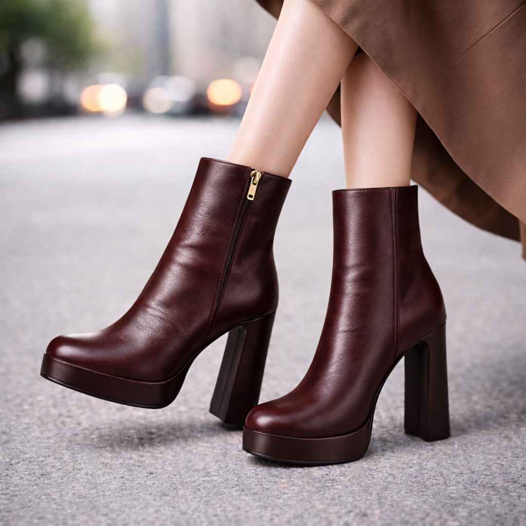 Women's burgundy Italian leather platform ankle boots with block heel and gold zipper on city street