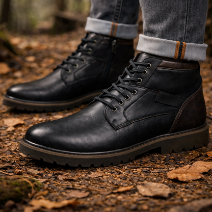 Black leather lace-up ankle boots worn with cuffed gray jeans on a forest floor covered in autumn leaves.