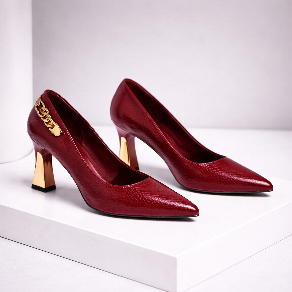 Deep red Italian leather pointed-toe block heel pumps with gold chain accent and metallic sculptured heel