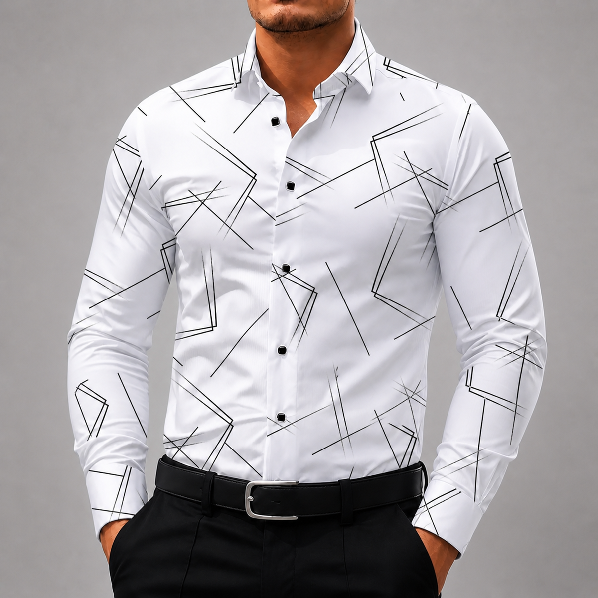 Men's slim-fit white button-up shirt with black geometric line print, black buttons, long sleeves, paired with black trousers.