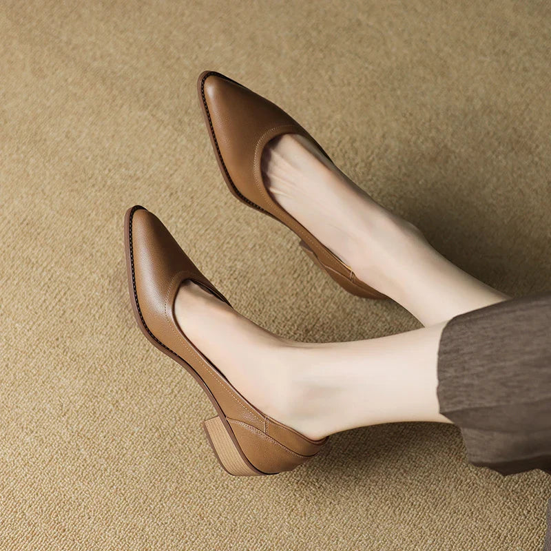 Women's brown leather pointed-toe mid-heel pumps with block heel, shown on model wearing sheer hosiery and gray trousers.
