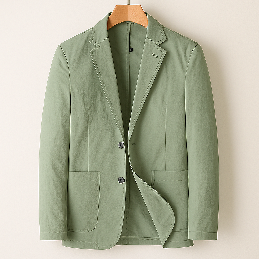Sage green men's nylon two-button blazer with notch lapels and patch pockets, displayed on a wooden hanger.