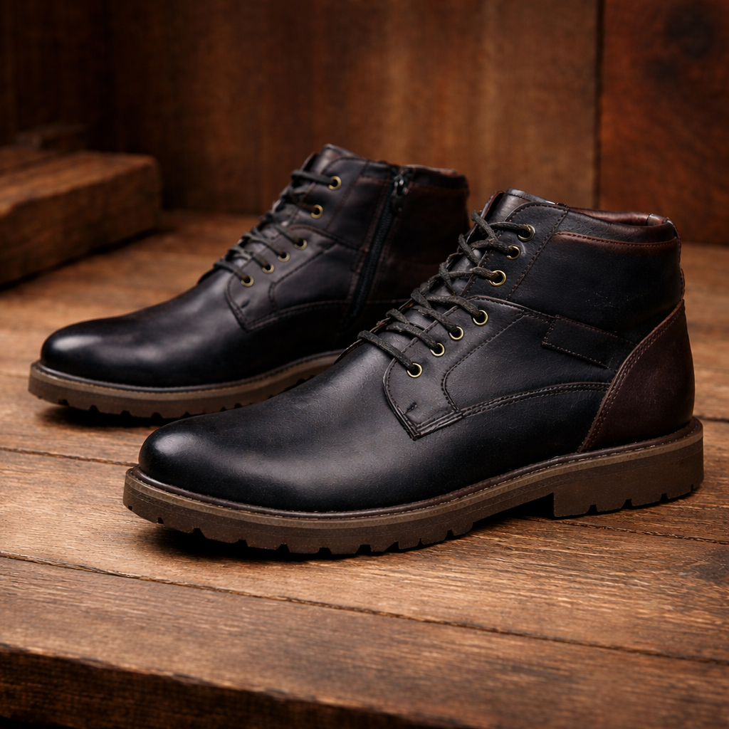 Men's black leather lace-up ankle boots with brown sole and zipper, displayed on rustic wooden surface.